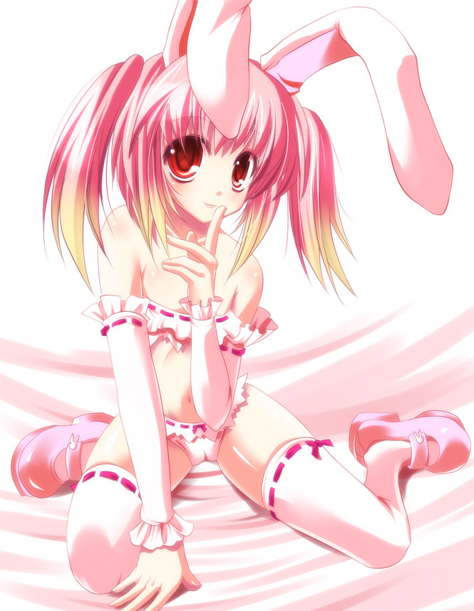maki (seventh heaven maxion), original, 1girl, animal ears, female focus, rabbit ears, red hair, ribbon-trimmed legwear, ribbon trim, solo, thighhighs, white thighhighs