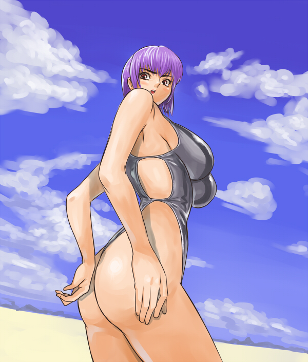ibanen, ayane (doa), dead or alive, tecmo, bad id, bad pixiv id, 1girl, ass, beach, cloud, day, female focus, huge ass, one-piece swimsuit, outdoors, purple hair, red eyes, short hair, sky, solo, swimsuit