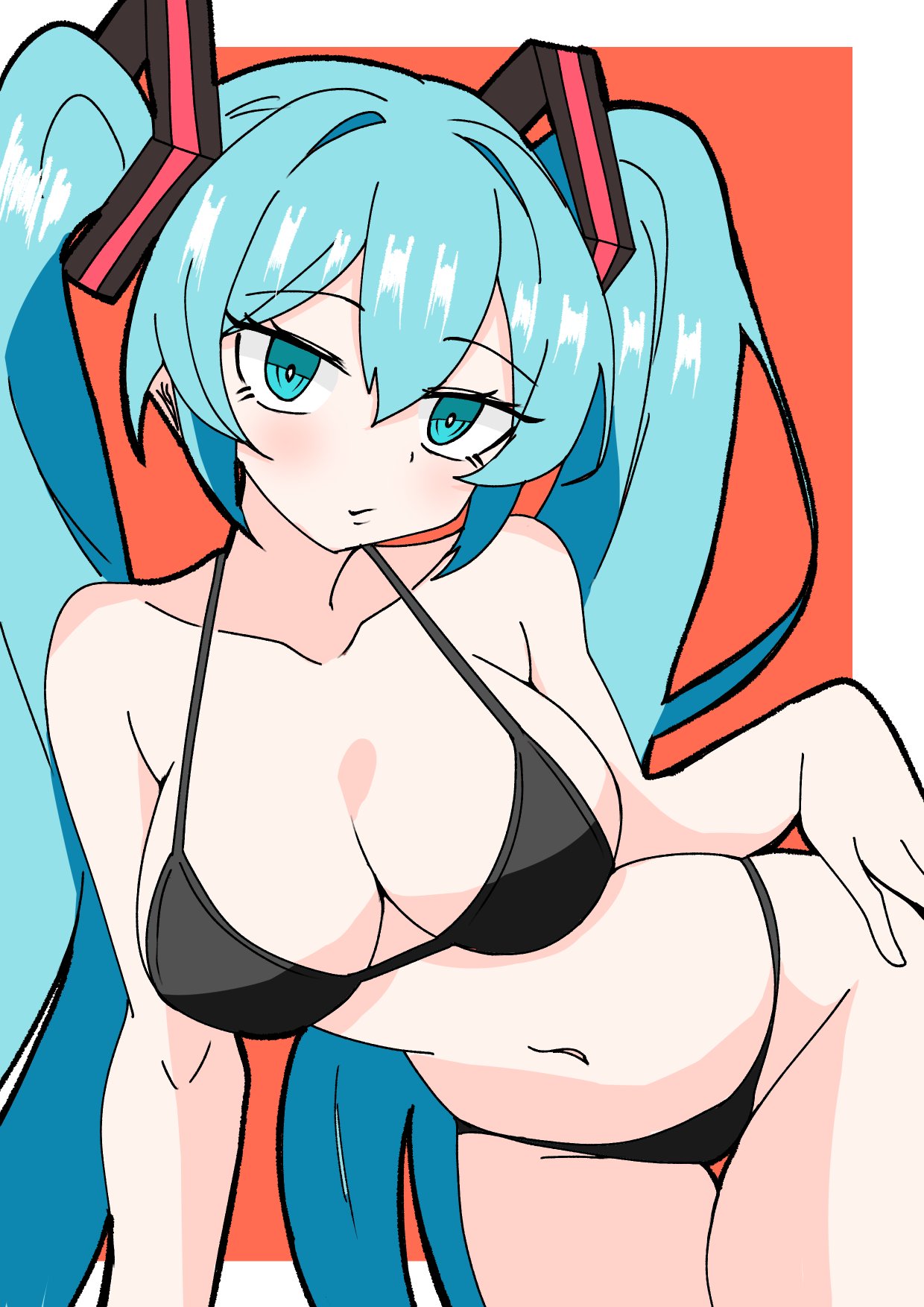 hitorikanawo, hatsune miku, vocaloid, highres, 1girl, all fours, bare shoulders, black bracer, black panties, blue eyes, blue hair, breasts, cleavage, closed mouth, hair ornament, hairclip, large breasts, long hair, looking at viewer, navel, orange background, panties, simple background, solo, twintails, underwear