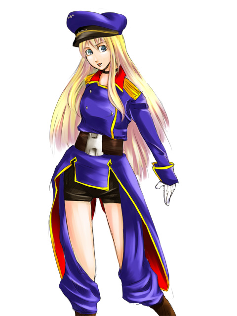 sheryl nome, macross, macross frontier, uniform, 00s, 1girl, belt, blonde hair, blue eyes, buckle, costume, female focus, hat, long hair, long sleeves, looking at viewer, peaked cap, shorts, simple background, solo, standing, very long hair, white background