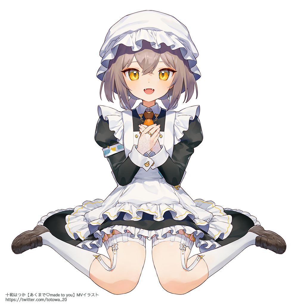 ainy, indie virtual youtuber, commentary request, 1girl, :d, apron, black dress, blush, brown hair, brown shoes, collared dress, contrast collar, double-parted bangs, dress, fangs, frilled apron, frilled dress, frills, full body, hair between eyes, hat, jewelry, juliet sleeves, kneehighs, loafers, long sleeves, looking at viewer, maid, mob cap, necktie, open mouth, orange necktie, own hands together, puffy sleeves, ring, shoes, short hair, short necktie, simple background, sitting, smile, socks, solo, thigh strap, totowa hatsuka, virtual youtuber, wariza, watermark, web address, white apron, white background, white hat, white socks, yellow eyes