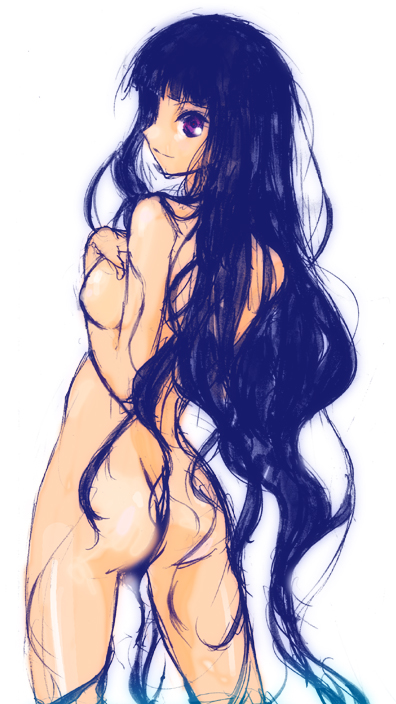 gapper, itoshiki rin, sayonara zetsubou sensei, bad id, bad pixiv id, 00s, 1girl, ass, back, black hair, female focus, long hair, looking back, nude, pink eyes, solo