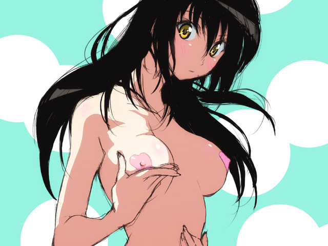 gapper, kotegawa yui, to love-ru, bad id, bad pixiv id, 00s, 1girl, black hair, blush, breasts, covered erect nipples, female focus, grabbing another's breast, groping, heart pasties, long hair, nipples, nude, pasties, solo, topless frame, upper body, yellow eyes