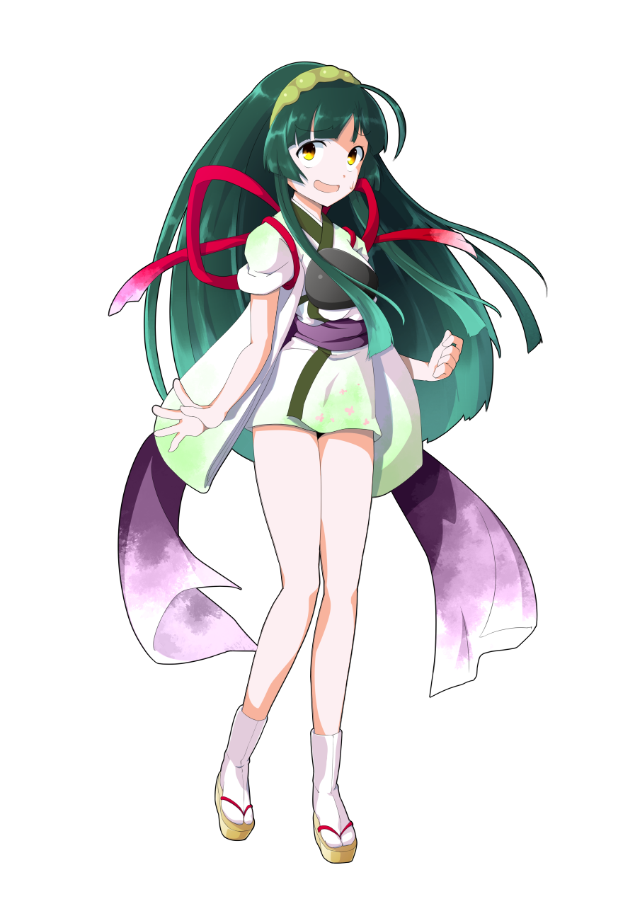 dairi, touhoku zunko, voiceroid, commentary request, highres, large variant set, variant set, 1girl, armor, blunt bangs, breastplate, full body, green hair, green hairband, hairband, japanese clothes, kimono, purple sash, red ribbon, ribbon, sandals, sash, sleeves rolled up, socks, solo, standing, standing on one leg, tachi-e, tasuki, transparent background, white kimono, white socks