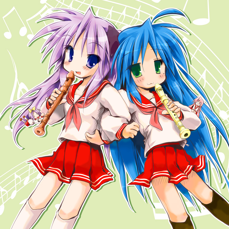 sakanaya nakasa, hiiragi kagami, hiiragi tsukasa, izumi konata, takara miyuki, lucky star, 00s, 2girls, :3, blue eyes, blue hair, flute, green eyes, hair ribbon, instrument, locked arms, long hair, mini person, minigirl, mole, mole under eye, multiple girls, music, purple hair, recorder, ribbon, school uniform, serafuku, siblings, sisters, twins, very long hair