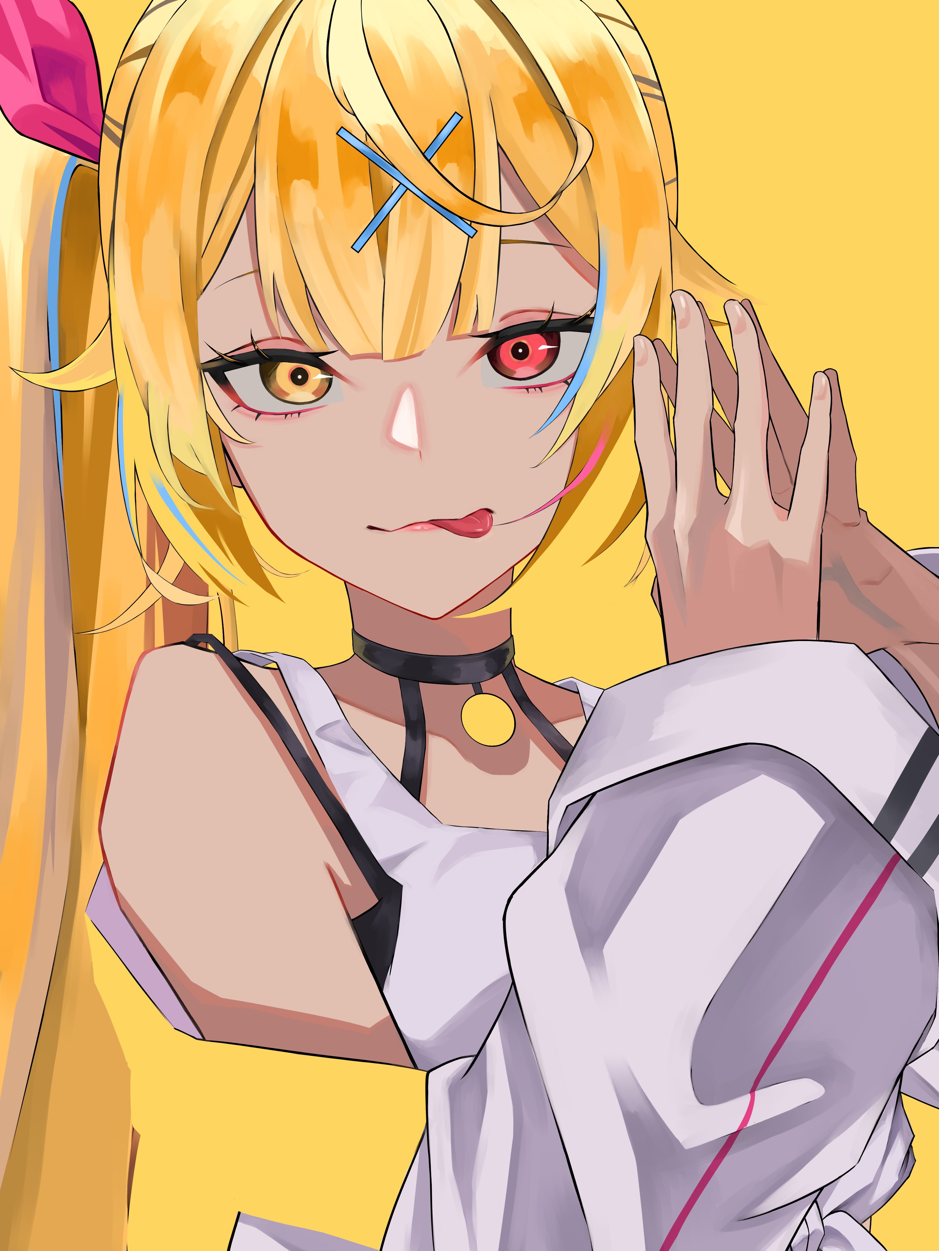 halme825, hoshikawa sara, hoshikawa sara (1st costume), nijisanji, absurdres, highres, 1girl, arms up, bare shoulders, black choker, blonde hair, blue hair, choker, closed mouth, hair ornament, hair ribbon, halterneck, heterochromia, jacket, long hair, looking at viewer, multicolored hair, off shoulder, red eyes, red ribbon, ribbon, side ponytail, simple background, solo, steepled fingers, streaked hair, tank top, tongue, tongue out, two-tone hair, upper body, virtual youtuber, white jacket, white tank top, x hair ornament, yellow background, yellow eyes