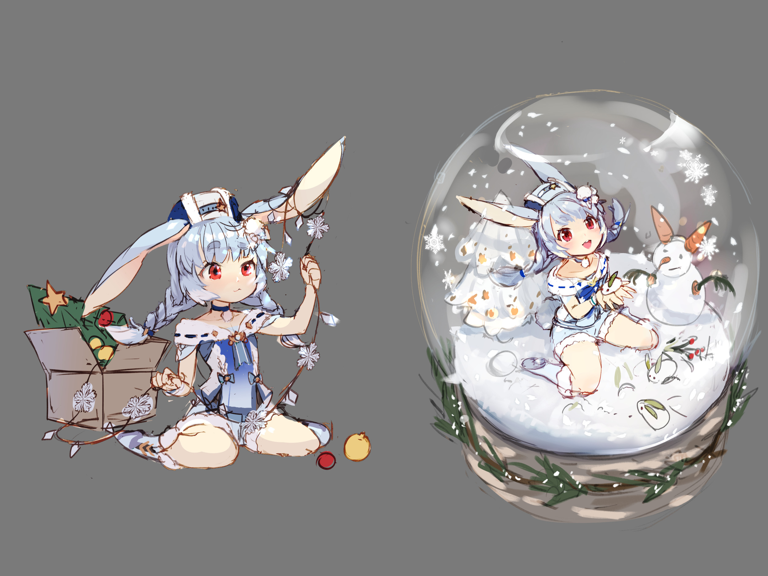 ezu (leejiyu), luna (king's raid), king's raid, commentary, commentary request, concept art, english commentary, highres, korean commentary, mixed-language commentary, official art, 1girl, :3, animal ears, belt, blue belt, blue boots, blue bow, blue brooch, blue choker, blue gemstone, blue hair, blue hat, blue shorts, blue sweater, boots, bow, box, braid, brooch, cardboard box, carrot, choker, christmas, christmas tree, crystal, full body, fur-trimmed boots, fur-trimmed headwear, fur-trimmed shorts, fur-trimmed sweater, fur trim, gem, hair bow, hat, holly, in snow globe, jewelry, medium hair, multiple views, official alternate costume, pom pom (clothes), rabbit ears, rabbit girl, red eyes, shorts, sitting, smile, snow, snow globe, snow rabbit, snowflake ornament, snowman, striped belt, striped bow, sweater, twin braids, wariza, white belt, white bow, white fur, white hat, white streaks, white sweater, wristband