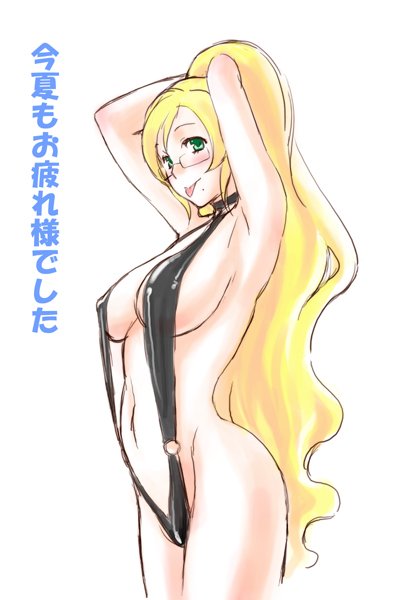 shoumaru (gadget box), seiya eve, doki doki majo shinpan, bad id, bad pixiv id, translation request, 1girl, :p, adjusting hair, armpits, blonde hair, breasts, female focus, glasses, green eyes, large breasts, long hair, mole, oekaki, slingshot swimsuit, solo, swimsuit, tongue, tongue out