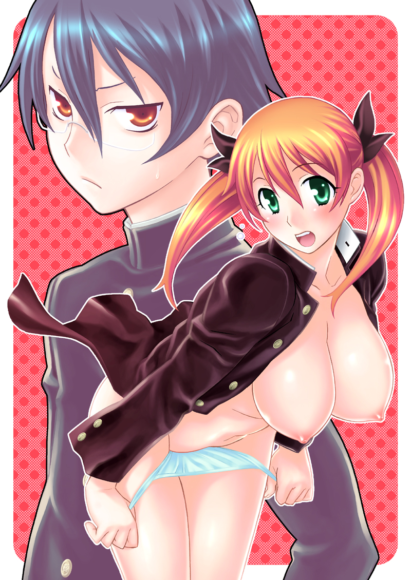 shoumaru (gadget box), original, blush, breasts, green eyes, huge breasts, open clothes, open shirt, panties, panty pull, shirt, striped clothes, striped panties, twintails, underwear, undressing