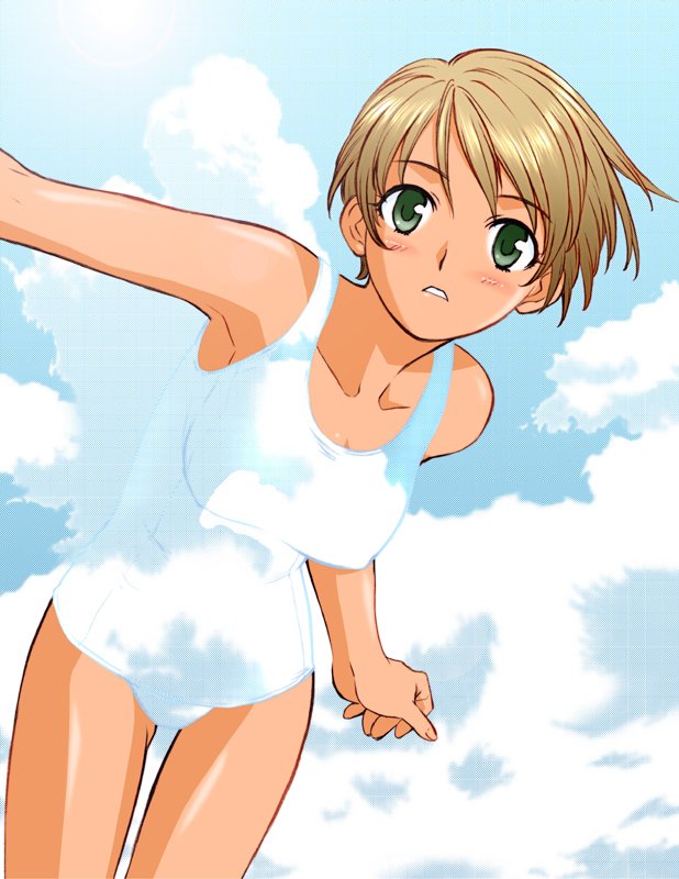 shoumaru (gadget box), original, bad id, bad pixiv id, 1girl, armpits, blush, breasts, brown hair, cloud, collarbone, dark-skinned female, dark skin, day, expressionless, female focus, green eyes, medium breasts, one-piece swimsuit, school swimsuit, short hair, skinny, sky, slender, solo, swimsuit, tan, thigh gap