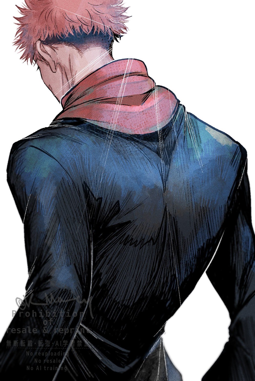 k ma cy, itadori yuuji, jujutsu kaisen, highres, 1boy, back, black hair, hood, hoodie, jujutsu tech uniform, long sleeves, male focus, nape, pink hair, red hoodie, short hair, simple background, solo, spiked hair, undercut, upper body, white background