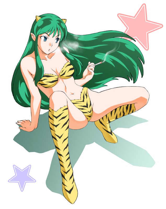 shoumaru (gadget box), lum, urusei yatsura, bad id, bad pixiv id, all fours, animal print, arm support, boots, bra, cigarette, cone horns, eyeshadow, green hair, horns, lingerie, long hair, makeup, panties, pointy ears, smoke, smoking, solo, striped horns, tiger print, underwear, underwear only, yellow horns