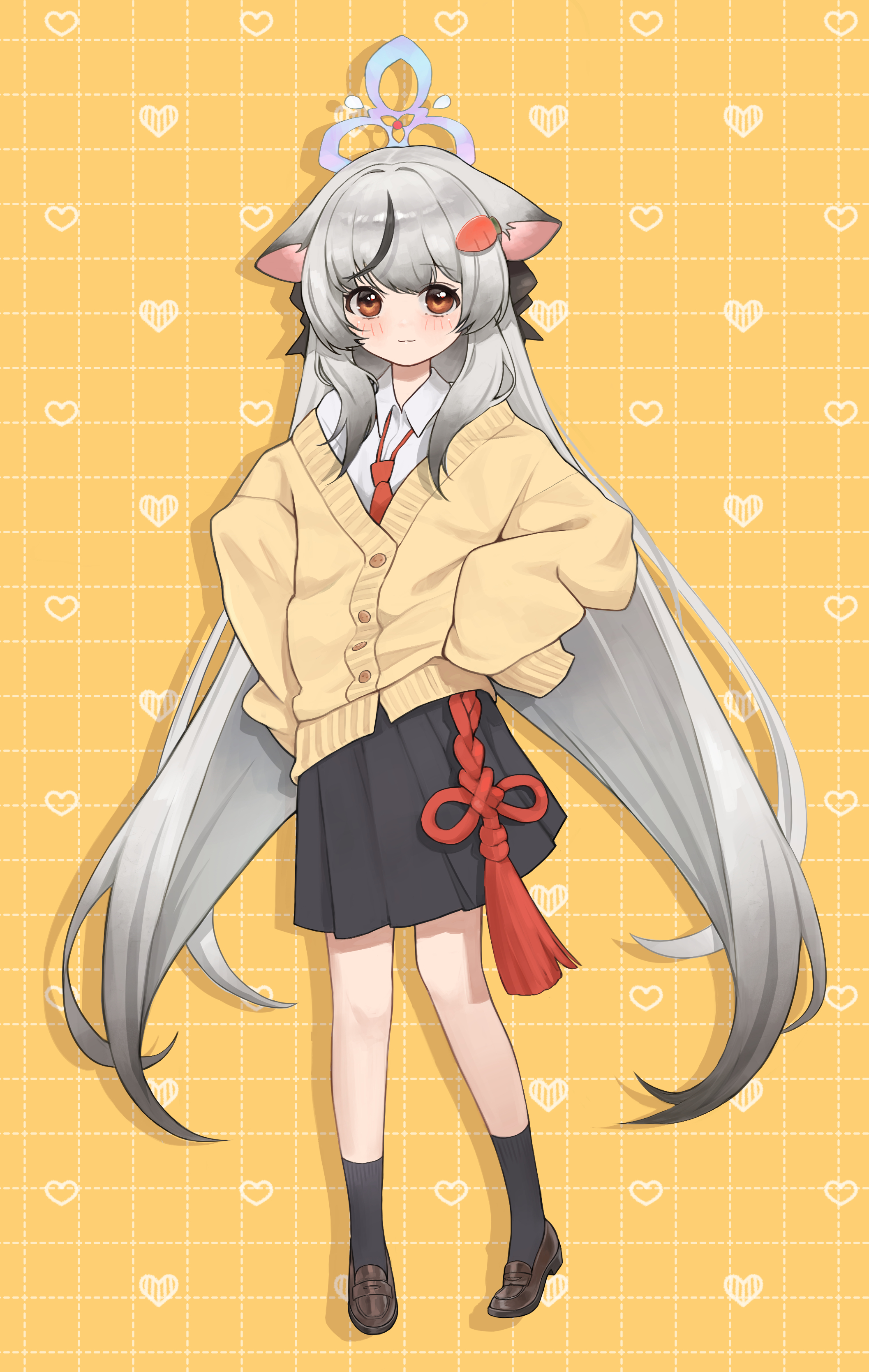 dang geun23283, kokona (blue archive), blue archive, absurdres, highres, 1girl, alternate costume, animal ears, black hair, black skirt, blush, cardigan, closed mouth, collared shirt, feet out of frame, gradient hair, grey hair, hair ribbon, hands on own hips, heart, long hair, long sleeves, looking at viewer, multicolored hair, necktie, orange eyes, pleated skirt, red necktie, ribbon, school uniform, shirt, skirt, sleeves past fingers, sleeves past wrists, solo, streaked hair, very long hair, white shirt, yellow background, yellow cardigan