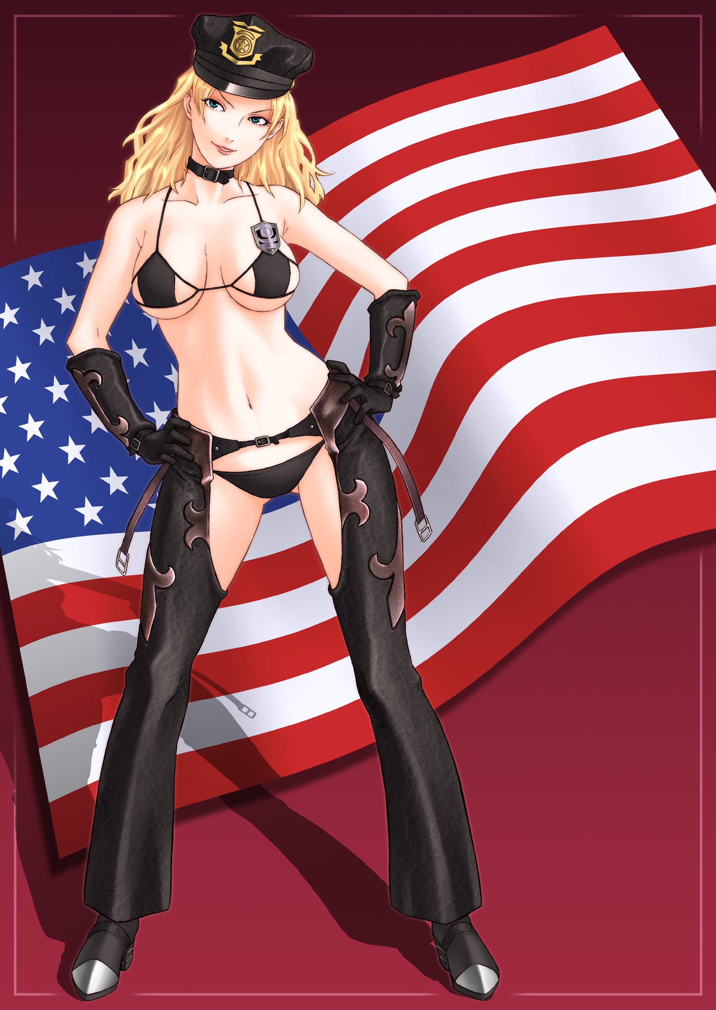 shoumaru (gadget box), dixie clemets, sgt. clemets, rumble roses, bad id, bad pixiv id, highres, 1girl, american flag, aqua eyes, badge, bikini, black bikini, blonde hair, boots, breasts, chaps, collar, female focus, flag, gloves, hands on own hips, hat, head tilt, high heels, large breasts, lipstick, long hair, lowleg, lowleg bikini, makeup, micro bikini, peaked cap, police, shadow, shoes, smile, solo, standing, swimsuit, underboob, united states