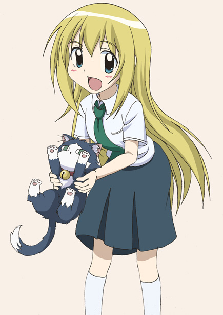 c-lop, buchi, kate (sketchbook full colors), sketchbook full colors, 00s, 1girl, animal, blonde hair, blue eyes, cat, looking at viewer, necktie, open mouth, school uniform, serafuku, socks, standing