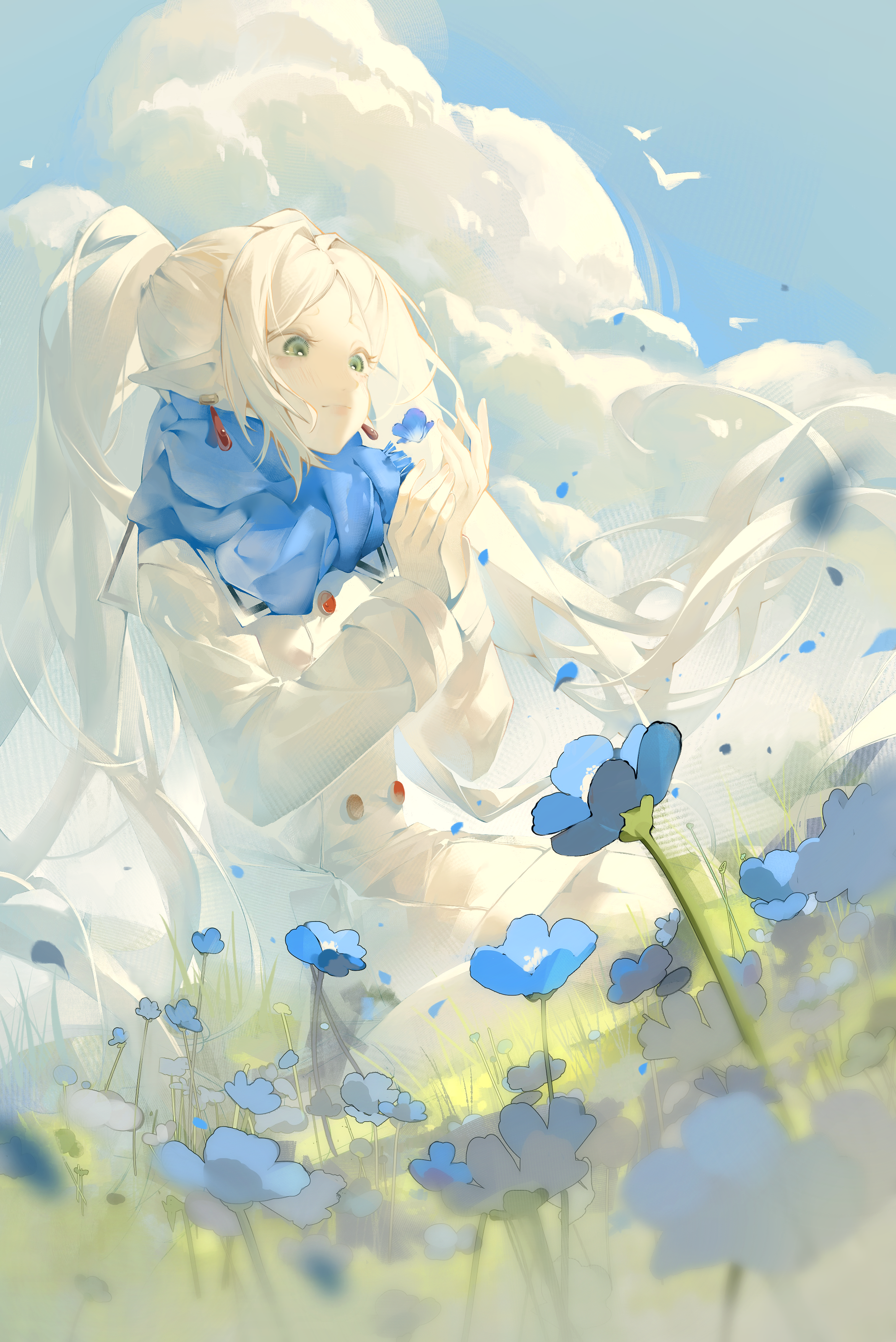 gouhuozai, frieren, sousou no frieren, absurdres, commentary, highres, 1girl, bird, blue flower, blue scarf, blurry, buttons, closed mouth, cloud, coat, cumulonimbus cloud, day, depth of field, double-breasted, earrings, elf, falling petals, feet out of frame, field, flower, flower field, fringe trim, green eyes, jewelry, light smile, lips, long hair, long sleeves, looking at flowers, nemophila (flower), on grass, outdoors, own hands together, parted bangs, petals, pointy ears, scarf, sidelocks, sitting, solo, teardrop earrings, twintails, very long hair, white coat, white hair, wind