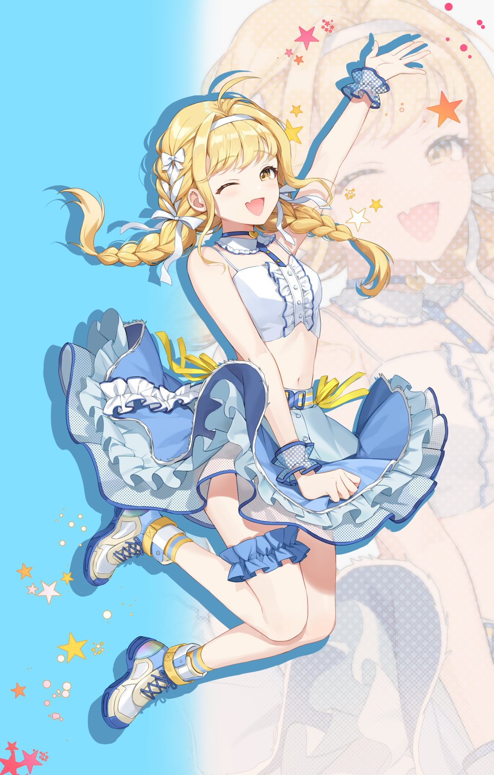 timing (mpth8384), fujita kotone, gakuen idolmaster, idolmaster, highres, 1girl, ;d, arm up, bare shoulders, blonde hair, blue background, blue skirt, braid, crop top, fang, frilled shirt, frilled skirt, frills, hair ribbon, long hair, looking at viewer, midriff, navel, one eye closed, open mouth, ribbon, shirt, shoes, skin fang, skirt, smile, sneakers, solo, star (symbol), twin braids, white ribbon, white shirt, wrist cuffs, yellow eyes, zoom layer