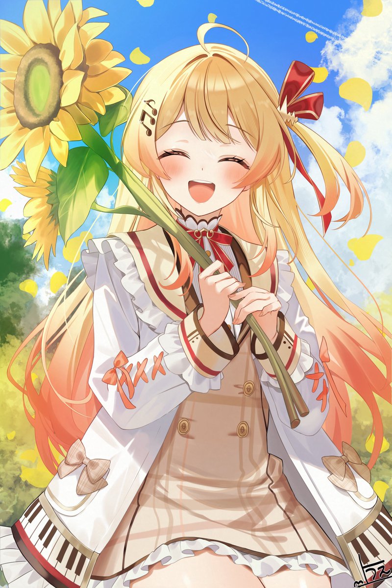 uekana9, otonose kanade, hololive, hololive dev is, commentary request, highres, 1girl, :d, ^ ^, ahoge, blonde hair, blue sky, blush, brown dress, closed eyes, cloud, cowboy shot, day, dress, facing viewer, flower, frilled dress, frills, hair ribbon, holding, holding flower, jacket, long hair, long sleeves, neck ribbon, one side up, open clothes, open jacket, open mouth, outdoors, red ribbon, ribbon, sky, smile, solo, sunflower, virtual youtuber, white jacket, yellow flower