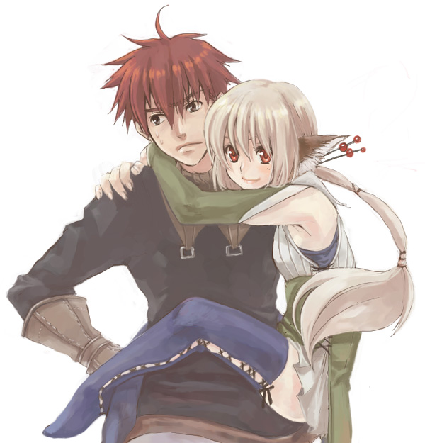 yuuryuu nagare, 1boy, 1girl, animal ears, elbow gloves, gloves, hair ornament, hairpin, hetero, hug, long hair, ponytail, red eyes, red hair, skirt, sweatdrop, thighhighs