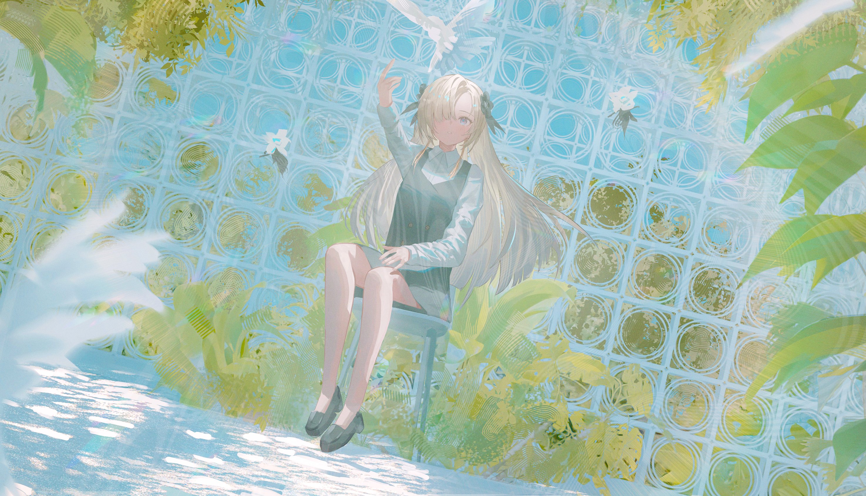 cute mdr, isekaijoucho, kamitsubaki studio, highres, 1girl, arm up, bird, black flower, blue eyes, chair, collared shirt, dove, dress, flower, full body, grey eyes, hair flower, hair ornament, hair over one eye, long hair, long sleeves, looking at viewer, multicolored hair, on stool, pinafore dress, plant, shirt, sitting, sleeveless, sleeveless dress, solo, stool, two-tone hair, virtual youtuber, white bird, white shirt