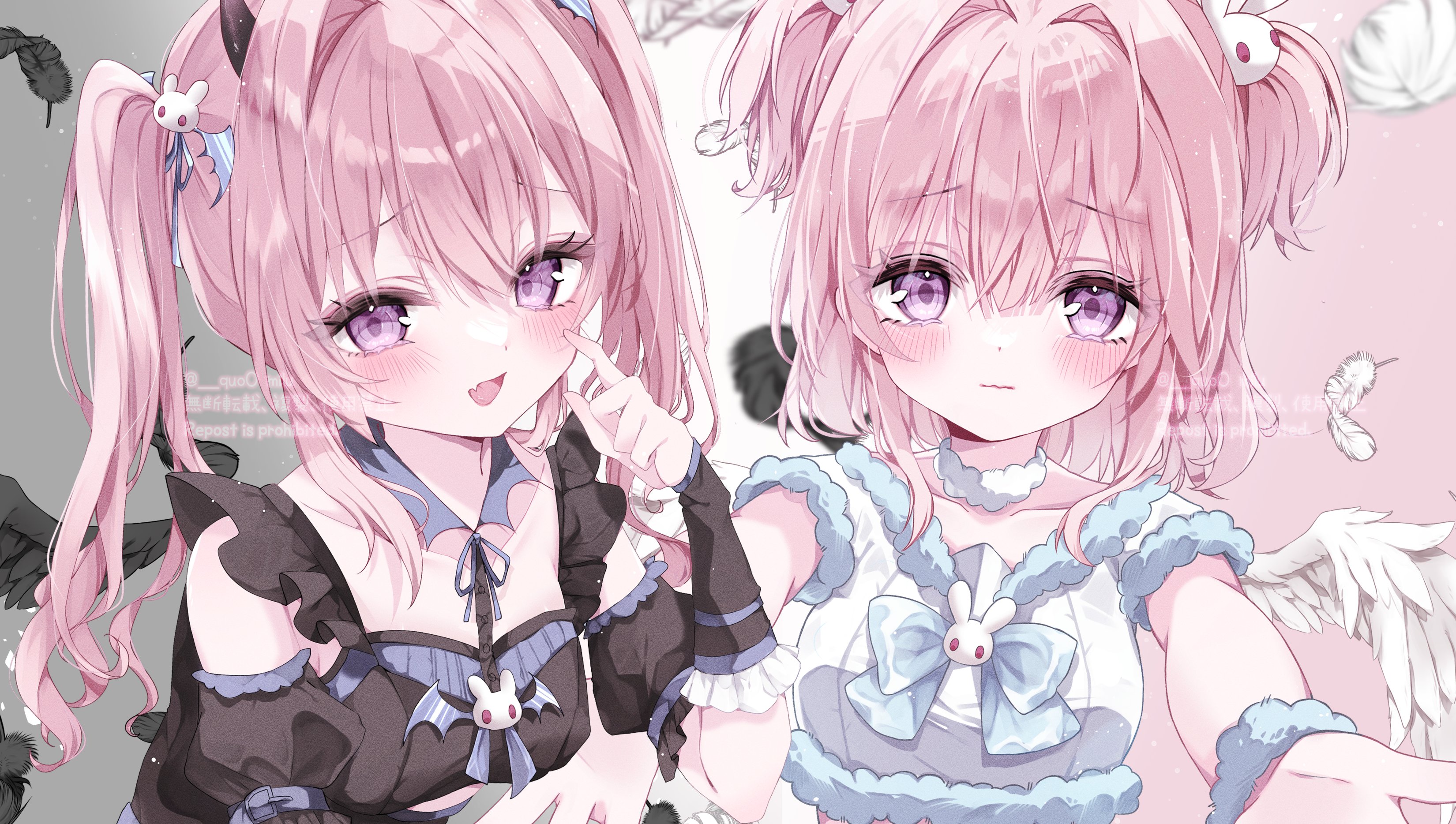 milu (quoo), original, absurdres, highres, 2girls, arm warmers, black sleeves, blue bow, blush, bow, breasts, choker, collarbone, crop top, detached sleeves, fang, frills, fur trim, hair between eyes, hair intakes, hair ornament, looking at viewer, multiple girls, open mouth, pink hair, purple eyes, rabbit hair ornament, ribbon, shirt, short sleeves, smile, twintails, upper body, white choker, white shirt, wings