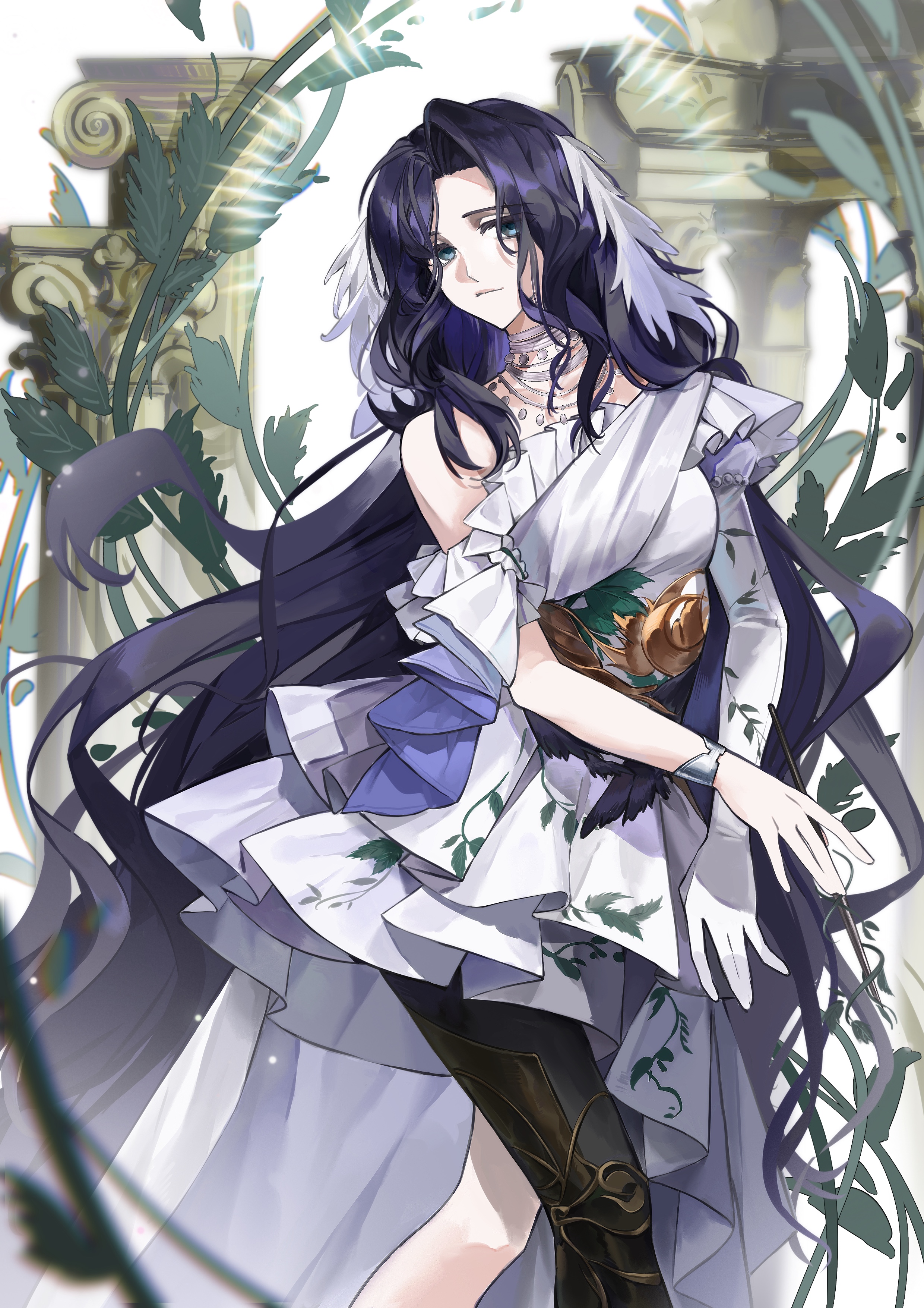 willow (reverse:1999), reverse:1999, absurdres, highres, 1girl, black hair, blue eyes, closed mouth, column, dress, elbow gloves, feather hair ornament, feathers, feet out of frame, gloves, hair ornament, high-low dress, long hair, official alternate costume, pantyhose, pillar, plant, prosthesis, prosthetic leg, shuimeng hua suxie, single bare shoulder, single glove, single off shoulder, solo, very long hair, white background, white dress, white feathers, white gloves
