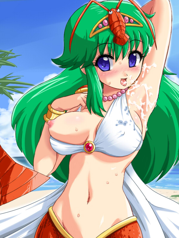 konpeto, shurin puu, bikkuriman, bad id, bad pixiv id, jpeg artifacts, 1girl, armpits, blue eyes, blush, breast slip, breasts, cum, cum on armpits, cum on body, cum on upper body, female focus, green hair, long hair, midriff, nipples, presenting armpit, solo