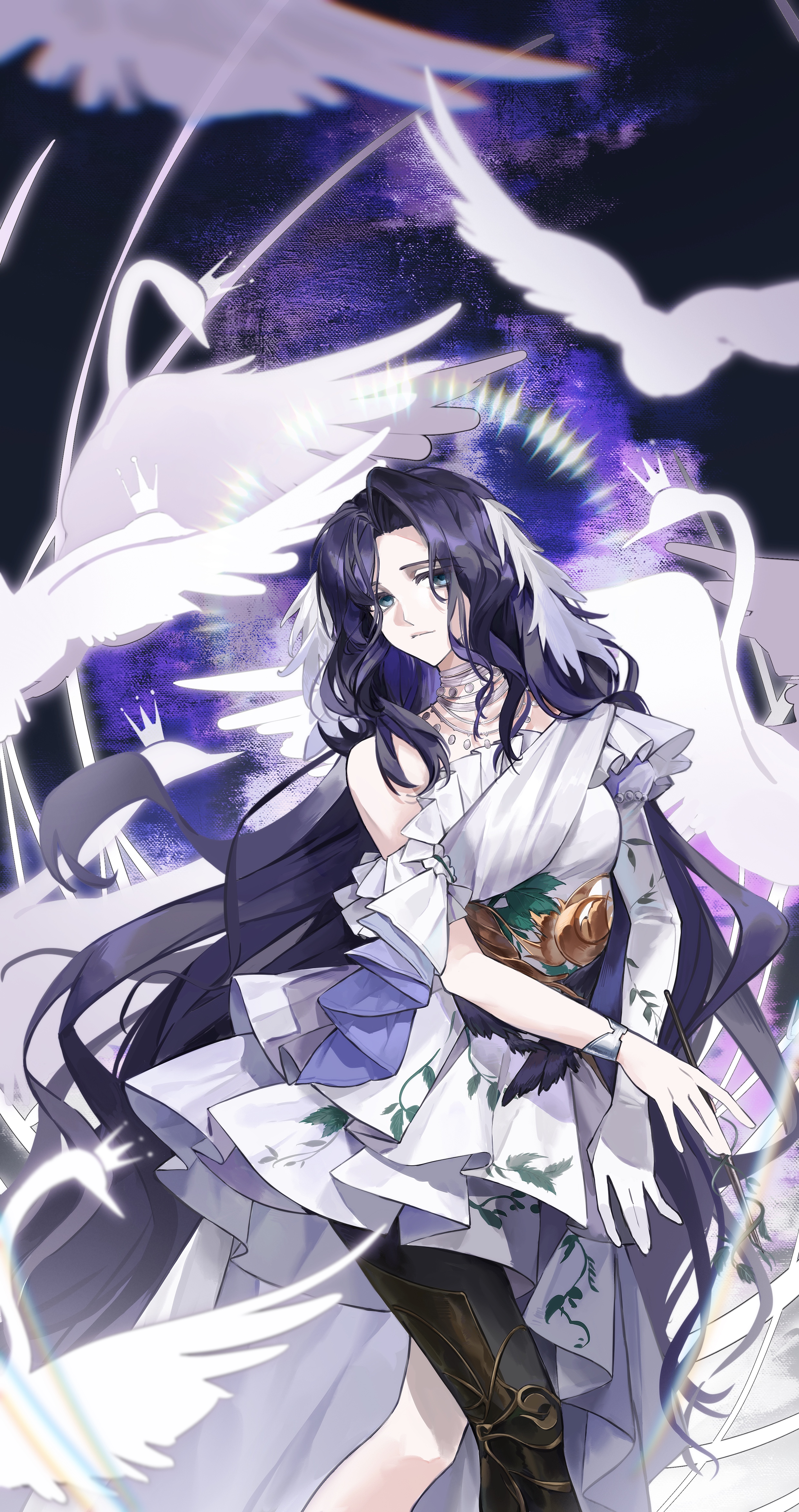 willow (reverse:1999), reverse:1999, absurdres, highres, 1girl, bird, black hair, blue eyes, closed mouth, dark background, dress, elbow gloves, feather hair ornament, feathers, feet out of frame, gloves, hair ornament, high-low dress, long hair, official alternate costume, prosthesis, prosthetic leg, shuimeng hua suxie, single bare shoulder, single glove, single off shoulder, solo, swan, too many, too many birds, very long hair, white dress, white feathers, white gloves