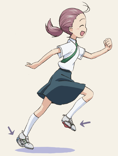 c-lop, kamiya asaka, sketchbook full colors, 00s, ^ ^, antenna hair, asymmetrical footwear, blouse, can, closed eyes, green necktie, kneehighs, miniskirt, mismatched footwear, necktie, ponytail, running, school uniform, serafuku, shirt, simple background, skirt, socks, solo, white shirt, white socks