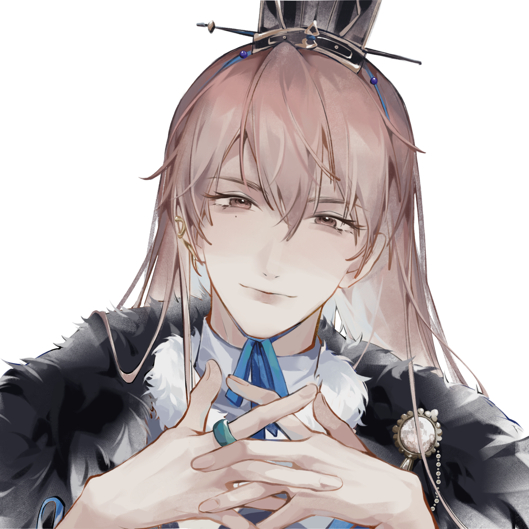 gouhuozai, code: kite, chinese commentary, highres, 1boy, black cape, brooch, brown eyes, brown hair, cape, chin strap, chinese clothes, closed mouth, fingernails, fur-trimmed cape, fur collar, fur trim, hair between eyes, hanfu, head tilt, interlocked fingers, jewelry, lips, long hair, looking at viewer, male focus, mole, mole under eye, own hands together, portrait, ring, shirt, simple background, smile, solo, straight-on, turtleneck, turtleneck shirt, white background, xiao guan (headdress), yuan ji (code: kite)