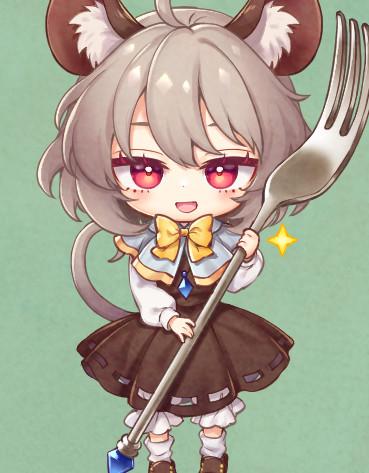 tomobe kinuko, nazrin, touhou, commentary, lowres, symbol-only commentary, 1boy, ahoge, animal ear fluff, animal ears, black dress, bloomers, blue capelet, blue gemstone, bow, bowtie, brown shoes, capelet, chibi, chibi only, dress, fork, full body, gem, green background, grey hair, hair between eyes, half-closed eyes, holding, holding fork, jewelry, long sleeves, looking at viewer, mouse ears, mouse girl, mouse tail, necklace, open mouth, pink eyes, puffy long sleeves, puffy sleeves, shirt, shoes, short hair, simple background, smile, socks, solo, sparkle, standing, tail, underwear, white bloomers, white shirt, white socks, yellow bow, yellow bowtie