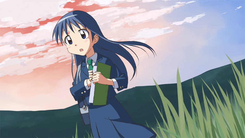 c-lop, kajiwara sora, sketchbook full colors, 00s, 1girl, bag, cloud, female focus, nature, necktie, outdoors, school uniform, serafuku, sky, solo, sunset