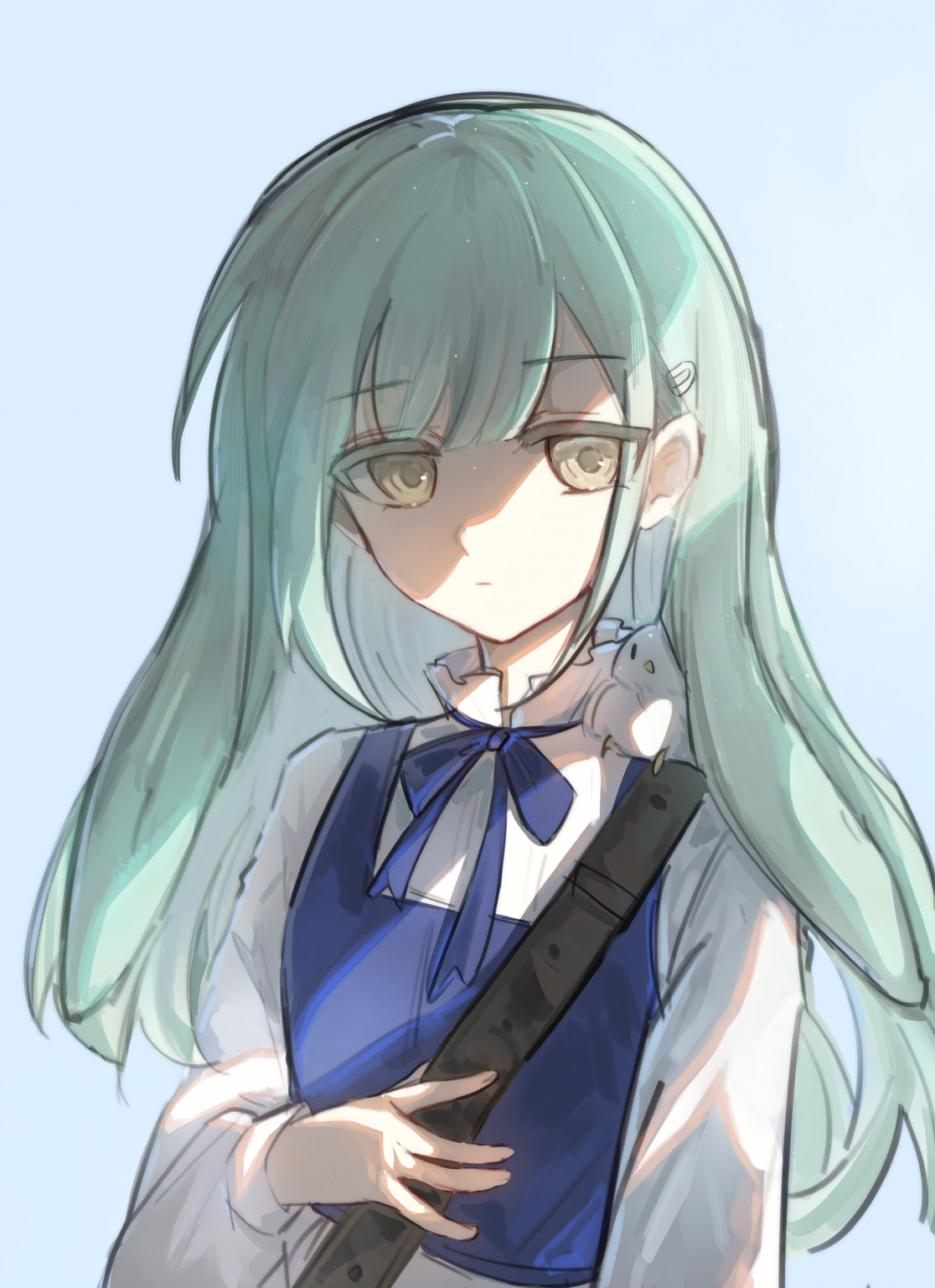 sang yuchen, wakaba mutsumi, arknights, bang dream!, bang dream! it's mygo!!!!!, chinese commentary, commentary request, highres, 1girl, animal ears, blue background, blue ribbon, blue shirt, closed mouth, expressionless, floppy ears, green hair, hand on own chest, long hair, long sleeves, looking at viewer, neck ribbon, rabbit ears, rabbit girl, ribbon, shirt, sidelocks, simple background, solo, upper body, wakaba mutsumi (marionette's id), white shirt, yellow eyes