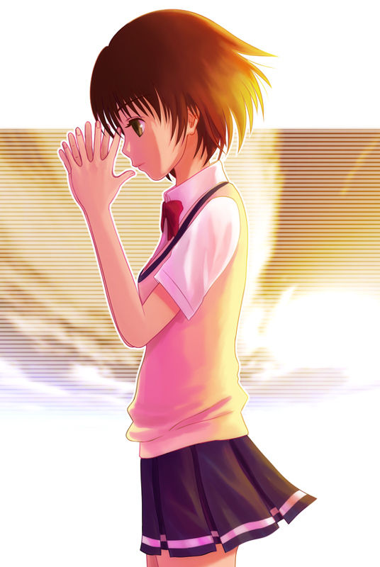 40010prototype, kaminagi ryouko, zegapain, 00s, brown hair, own hands together, profile, school uniform, serafuku, short hair, solo