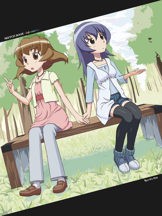 c-lop, himuro fuu, tanabe ryou, sketchbook full colors, 00s, 2girls, bench, black thighhighs, choker, holding hands, jewelry, midriff, multiple girls, nature, necklace, sitting, thighhighs, zettai ryouiki