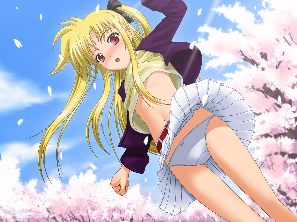40010prototype, fate testarossa, lyrical nanoha, mahou shoujo lyrical nanoha, striped, 00s, 1girl, blonde hair, blush, bow, bow panties, cherry blossoms, female focus, hair ribbon, long hair, midriff, panties, pantyshot, petals, red eyes, ribbon, solo, standing, underwear, upskirt, white panties, wind, wind lift