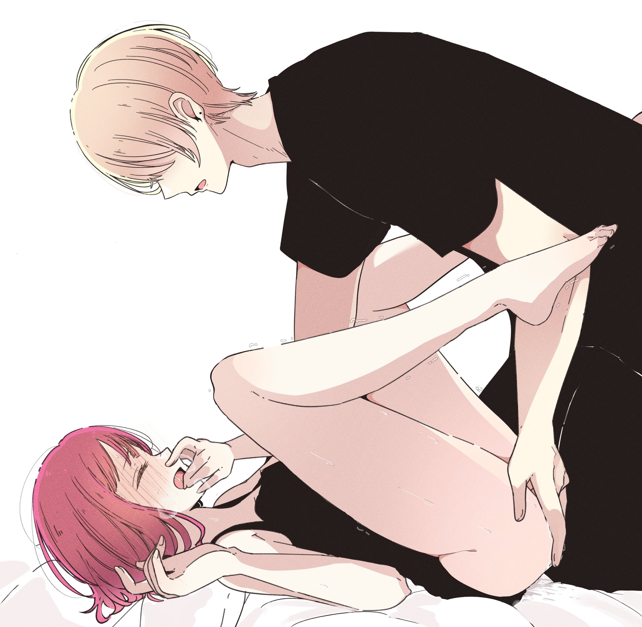 risdelusions, arima kana, hoshino aquamarine, oshi no ko, highres, 1boy, 1girl, arm at side, bare arms, bare legs, bare shoulders, barefoot, black pants, black shirt, blonde hair, blush, closed eyes, covering own mouth, fingering, hand over own mouth, legs up, open mouth, pants, red hair, shaking, shirt, short hair, short sleeves, simple background, thighs, white background