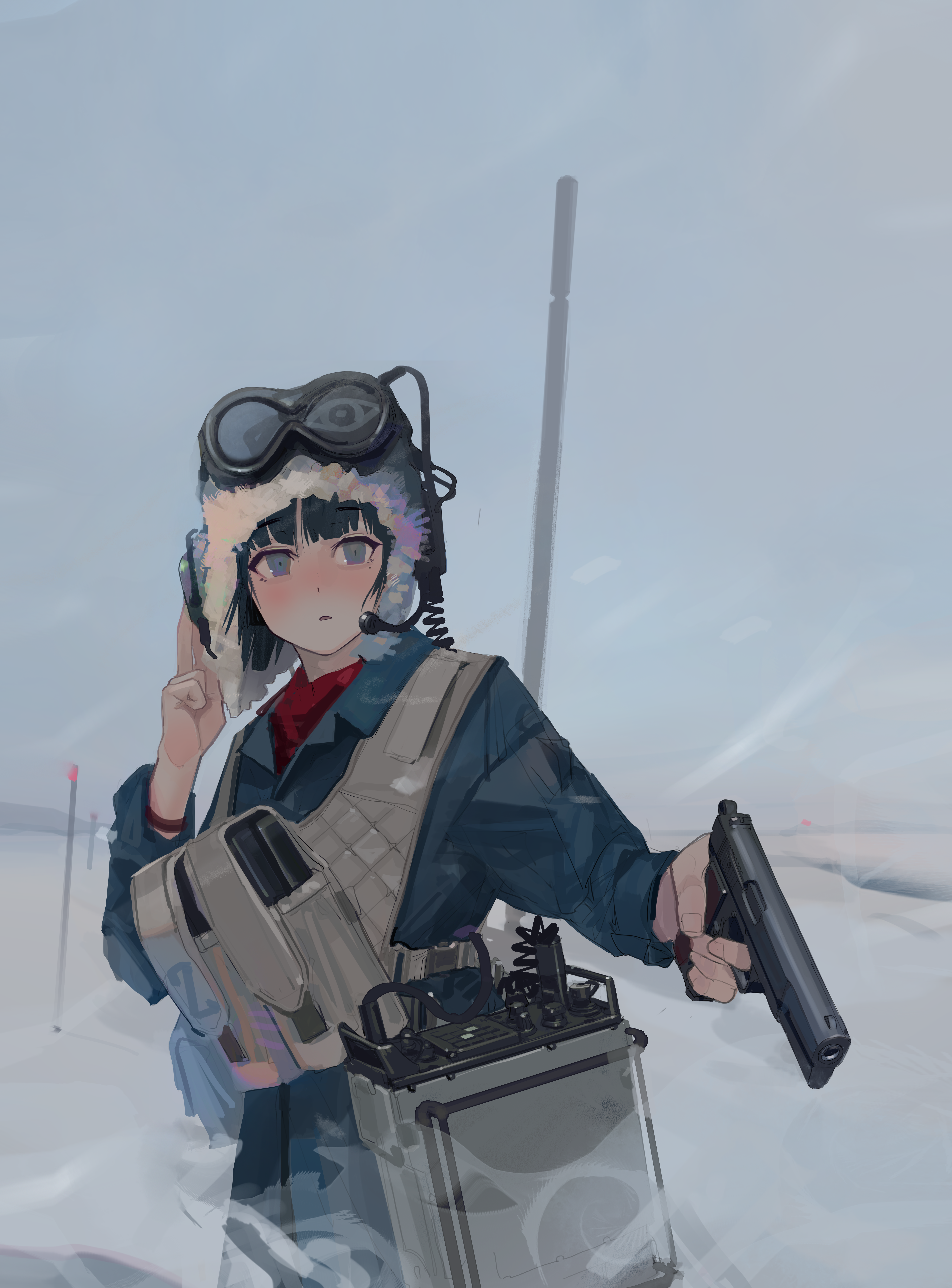 polilla, original, absurdres, commentary, english commentary, highres, 1girl, aviator cap, eyewear on head, gun, holding, holding gun, holding weapon, short hair, snow, solo, weapon