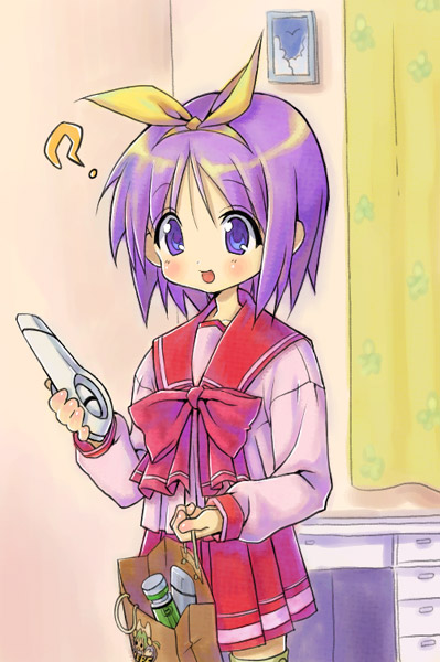 kink (tortoiseshell), hiiragi tsukasa, lucky star, to heart, to heart (series), ?, bag, cosplay, hair ribbon, purple eyes, purple hair, ribbon, school uniform, serafuku, short hair, solo