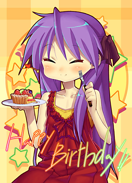 kink (tortoiseshell), hiiragi kagami, lucky star, 00s, blush, cake, closed eyes, dress, food, fork, hair ribbon, happy, long hair, pastry, purple hair, ribbon, smile, solo