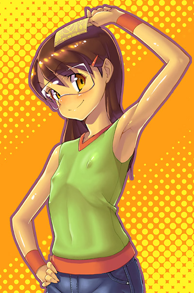 kink (tortoiseshell), hashimoto fumie, dennou coil, visor, 00s, 1girl, armpits, blush, brown eyes, brown hair, female focus, flat chest, glasses, hair ornament, hairclip, hand on own hip, long hair, metatag, ribs, see-through clothes, shirt, sleeveless, sleeveless shirt, smile, solo, tight clothes