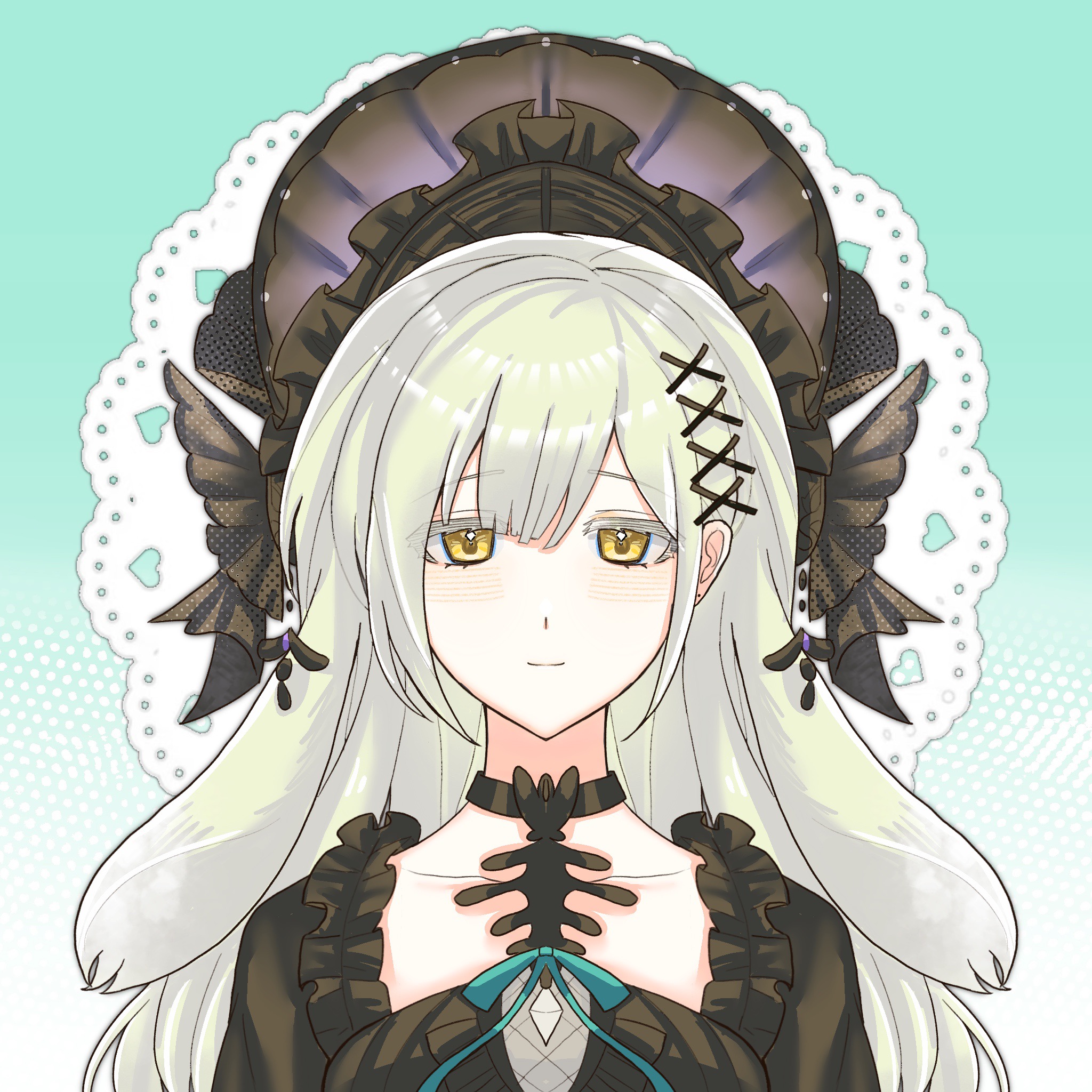 wakaba mutsumi, bang dream!, bang dream! it's mygo!!!!!, chinese commentary, commentary request, highres, 1girl, animal ears, black bonnet, black choker, blue background, blunt bangs, bonnet, choker, closed mouth, floppy ears, gothic lolita, green hair, hair ornament, lolita fashion, long hair, looking at viewer, neck ribbon, rabbit ears, rabbit girl, ribbon, sidelocks, solo, straight-on, ting feng ye zhu tan, upper body, wakaba mutsumi (marionette's id), x hair ornament, yellow eyes