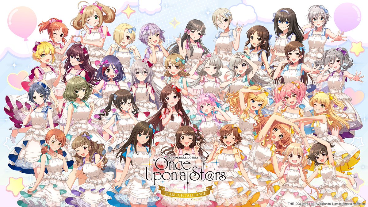 abe nana, akagi miria, anastasia (idolmaster), futaba anzu, hayami kanade, hayasaka mirei, hisakawa hayate, hisakawa nagi, hojo karen, honda mio, hoshi syoko, ichinose shiki, jougasaki mika, jougasaki rika, kamiya nao, kanzaki ranko, kobayakawa sae, koshimizu sachiko, miyamoto frederica, morikubo nono, moroboshi kirari, nitta minami, ohtsuki yui, sagisawa fumika, sato shin, shibuya rin, shimamura uzuki, shiomi syuko, shirasaka koume, sunazuka akira, tachibana arisu, takagaki kaede, tsujino akari, yumemi riamu, idolmaster, idolmaster cinderella girls, idolmaster cinderella girls starlight stage, artist request, commentary request, official art, 6+girls, ahoge, arm behind back, arm up, bead necklace, beads, blonde hair, blue eyes, blue hair, blush, bow, breasts, brown eyes, brown hair, closed mouth, collarbone, crossed bangs, double v, dress, english text, eyepatch, green eyes, green hair, grey hair, hair between eyes, hair bow, hair flaps, hair ornament, hair over one eye, hairband, hairclip, hand on own chest, hand up, hands up, high heels, high ponytail, index fingers together, jewelry, leaning forward, long hair, looking at viewer, low twintails, medium breasts, medium hair, multicolored hair, multiple girls, necklace, one eye closed, open mouth, orange hair, outstretched arm, pink eyes, pink hair, pointing, pointing at viewer, ponytail, purple hair, shoes, short hair, siblings, sisters, sleeveless, sleeveless dress, small breasts, smile, tongue, tongue out, twintails, two-tone hair, v, very long hair, wavy mouth, white dress, white hairband, white shoes, x hair ornament