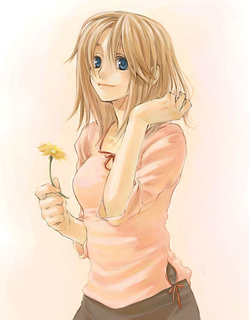 yuuryuu nagare, tagme, 1girl, blue eyes, female focus, flower, ruffling hair, solo