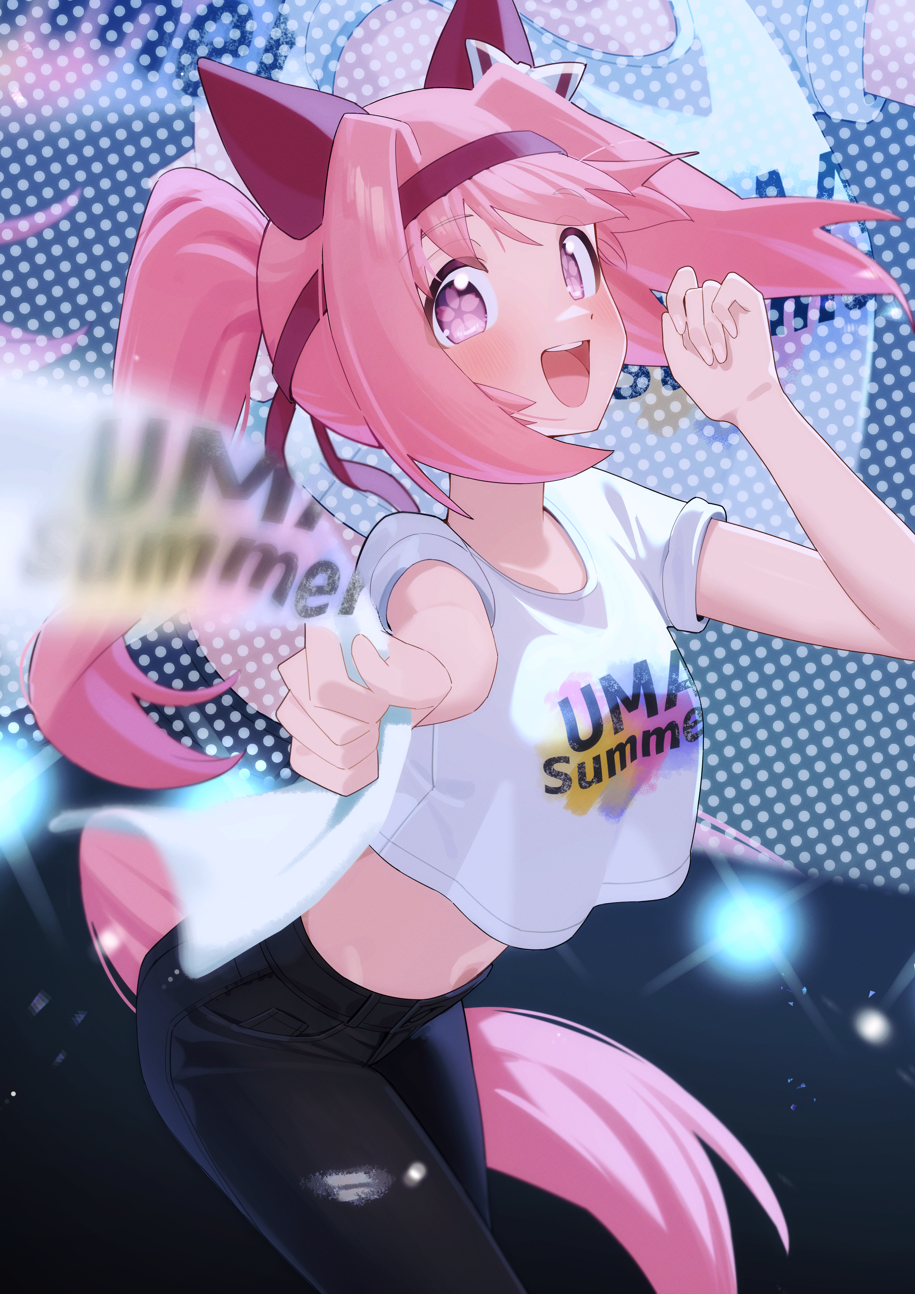 freely2327, haru urara (umamusume), umamusume, absurdres, highres, 1girl, alternate costume, animal ears, black pants, blush, bow, breasts, cropped shirt, ear bow, ear covers, english text, flower-shaped pupils, flower in eye, hairband, headband, holding, horse ears, horse girl, horse tail, long hair, midriff, navel, open mouth, pants, pink eyes, pink hair, pink headband, ponytail, purple eyes, red headband, shirt, short sleeves, sleeves rolled up, smile, solo, symbol-shaped pupils, symbol in eye, tail, teeth, uma summer (umamusume), upper teeth only, white shirt