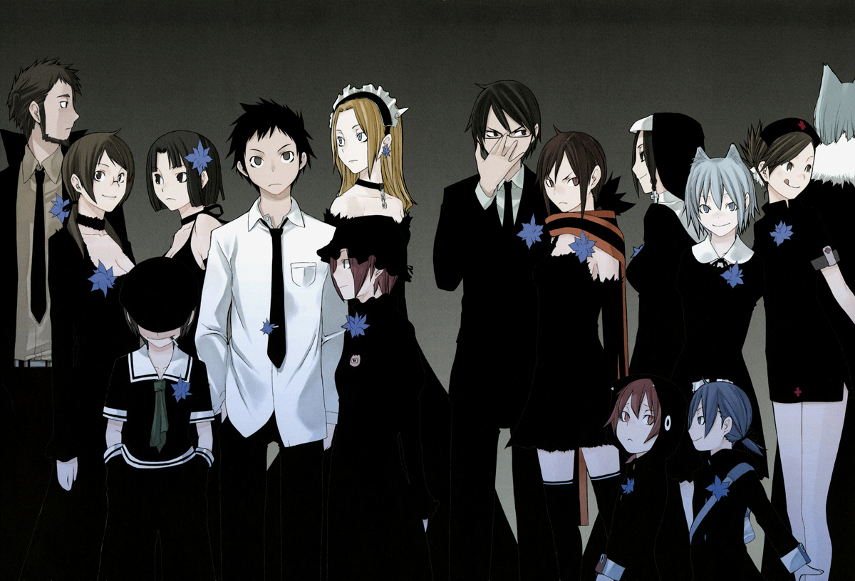 yasuda suzuhito, azuma rin, hiizumi akina, isone kotoha, kishi kyosuke, kishi touka, mariabell, mizuki shidou, nanami ao, nanami gin, shinatsuhiko yae, shinatsuhiko yuhi, tatebayashi kana, tatebayashi mina, v juri f, yarizakura hime, yozakura quartet, official art, 5boys, 6+girls, :p, :q, adjusting eyewear, animal ears, black hair, blonde hair, blue eyes, blue hair, brown hair, cat ears, coat, dress, everyone, flower, formal clothes, glasses, hat, hood, multiple boys, multiple girls, necktie, nun, nurse, red eyes, scarf, suit, thighhighs, tongue, tongue out, twintails