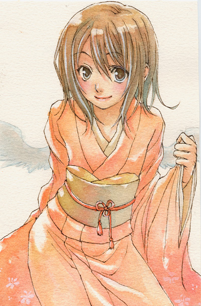 yuuryuu nagare, painting (medium), traditional media, watercolor (medium), angel wings, brown eyes, brown hair, japanese clothes, solo, wings