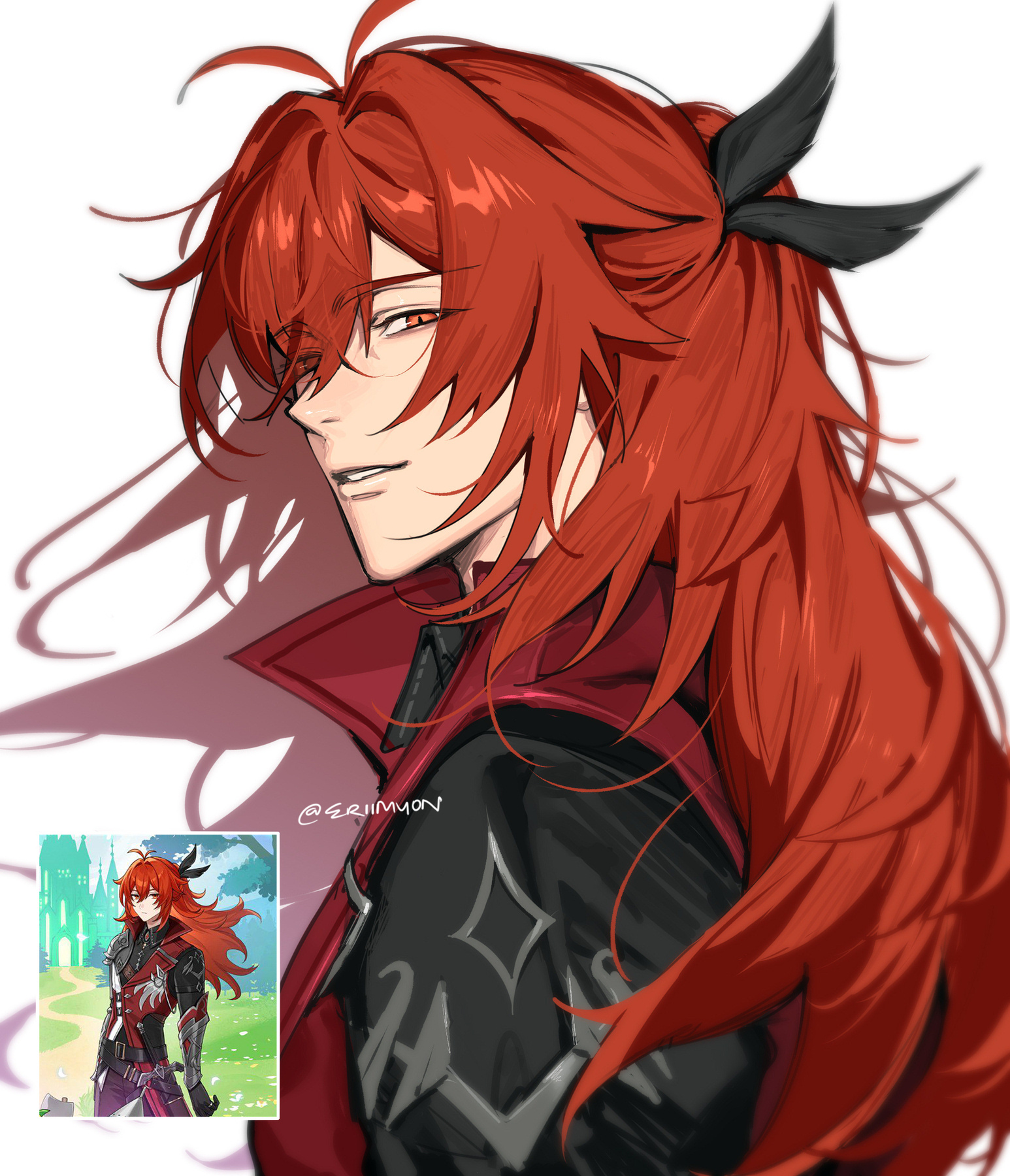 eriimyon, diluc (genshin impact), genshin impact, commentary, highres, symbol-only commentary, 1boy, closed mouth, hair between eyes, long hair, long sleeves, male focus, ponytail, red eyes, red hair, reference inset, simple background, teeth, twitter username, upper body, white background