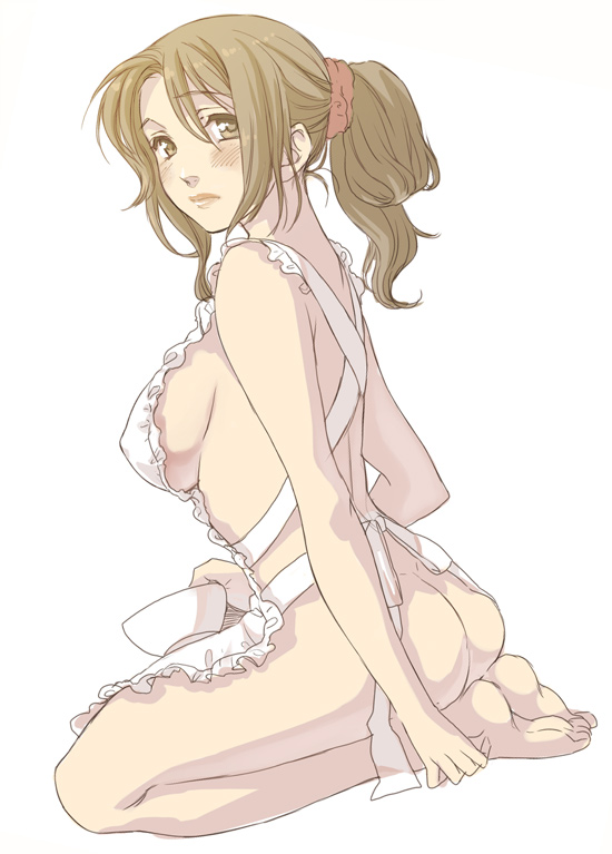 yuuryuu nagare, original, bad id, bad pixiv id, 1girl, apron, ass, barefoot, blush, breasts, brown eyes, brown hair, feet, female focus, housewife, large breasts, lips, mature female, naked apron, ponytail, sideboob, sitting, soles, solo