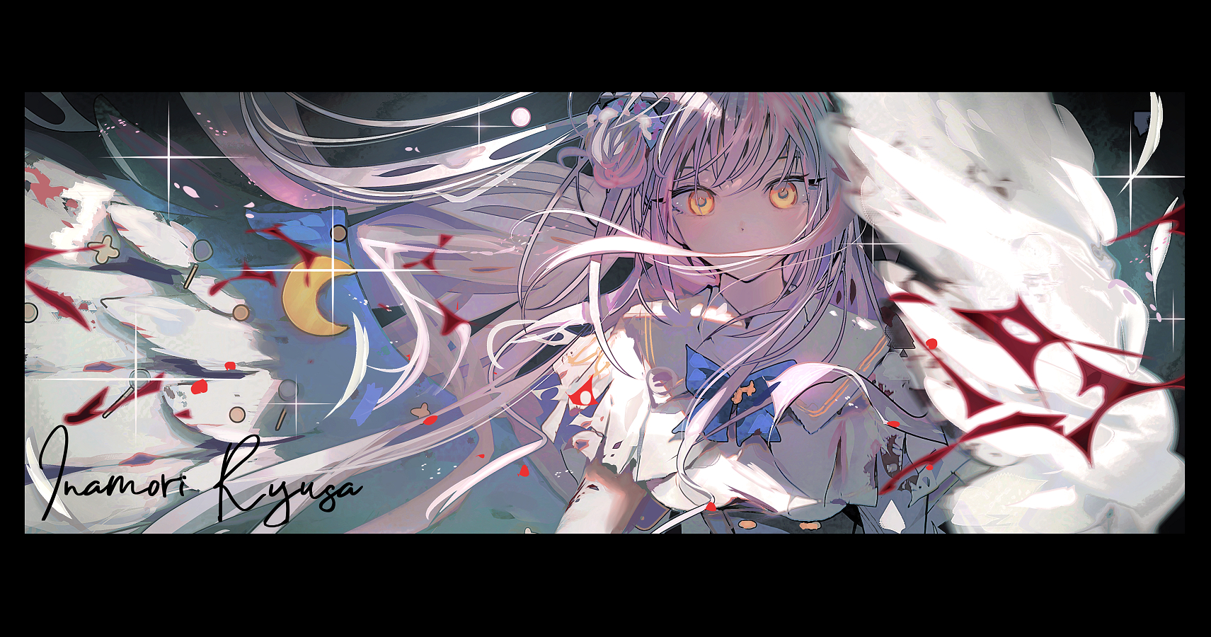 inaeda kei, mika (blue archive), blue archive, highres, 1girl, angel wings, blood, blue bow, blue bowtie, bow, bowtie, capelet, dress, feathered wings, flower, hair bun, hair flower, hair ornament, letterboxed, long hair, looking at viewer, pink hair, single side bun, solo, torn clothes, upper body, white capelet, white dress, white wings, wings, yellow eyes